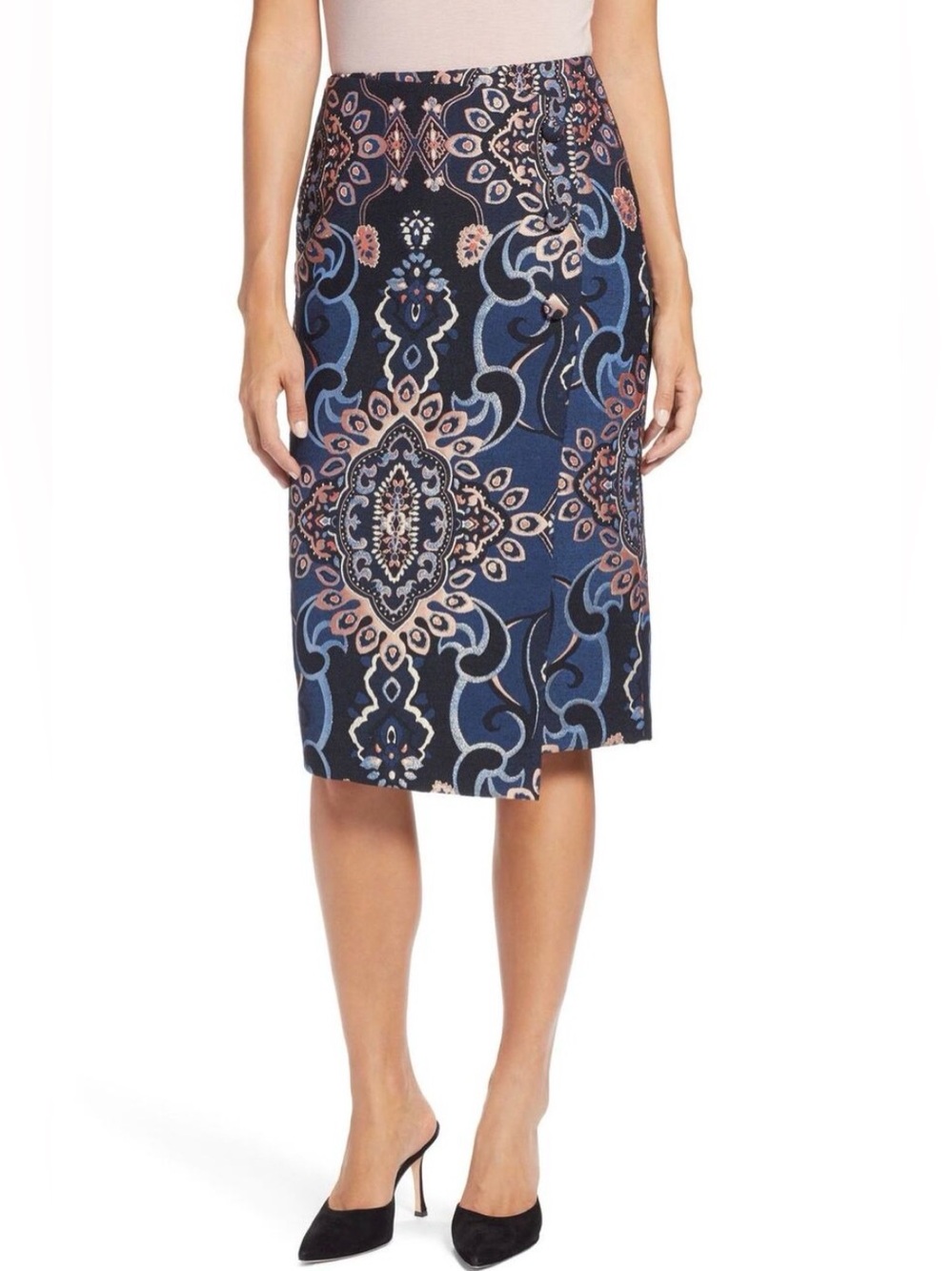 Halogen Navy Blue Multi Brocade Asymmetrical Midi Pencil Skirt SZ 8 GORGEOUS